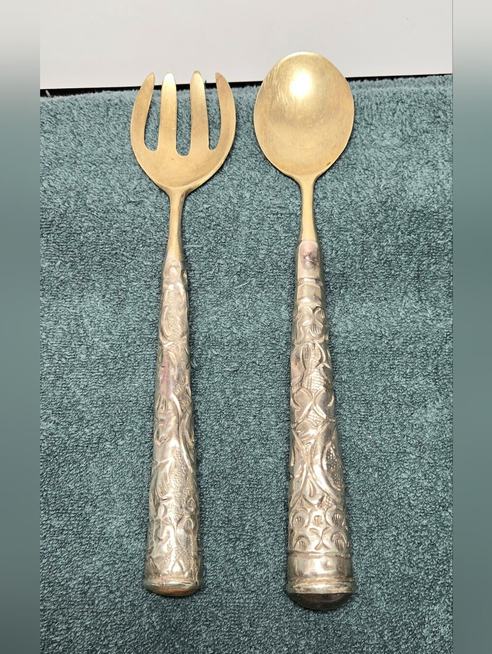 Vintage Ornate Brass Salad Servers Floral Handles Stone Finials